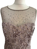 BRAND NEW FRANK LYMAN SILVER GREY APPLIQUÉ EMBOSSED SPECIAL OCCASION /EVENING DRESS SIZE 14