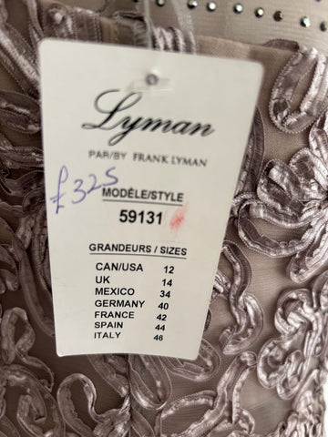 BRAND NEW FRANK LYMAN SILVER GREY APPLIQUÉ EMBOSSED SPECIAL OCCASION /EVENING DRESS SIZE 14