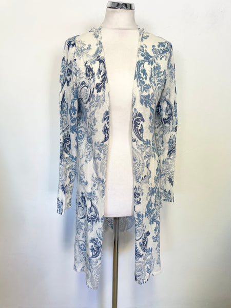MONSOON WHITE & BLUE LONG SLEEVE COTTON & LINEN BLEND FINE KNIT LONG CARDIGAN SIZE 12