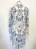 MONSOON WHITE & BLUE LONG SLEEVE COTTON & LINEN BLEND FINE KNIT LONG CARDIGAN SIZE 12