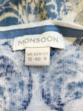 MONSOON WHITE & BLUE LONG SLEEVE COTTON & LINEN BLEND FINE KNIT LONG CARDIGAN SIZE 12