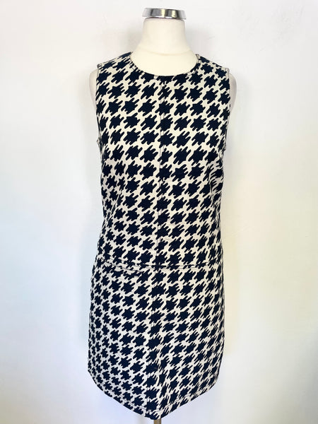 JAEGER NAVY & IVORY PRINT SLEEVELESS SHIFT DRESS SIZE 8