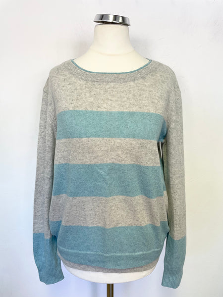 DUFFY 100% CASHMERE GREY & TURQUOISE STRIPE REAR ZIP LONG SLEEVED JUMPER SIZE M