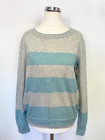 DUFFY 100% CASHMERE GREY & TURQUOISE STRIPE REAR ZIP LONG SLEEVED JUMPER SIZE M