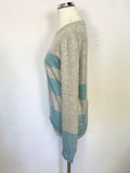 DUFFY 100% CASHMERE GREY & TURQUOISE STRIPE REAR ZIP LONG SLEEVED JUMPER SIZE M