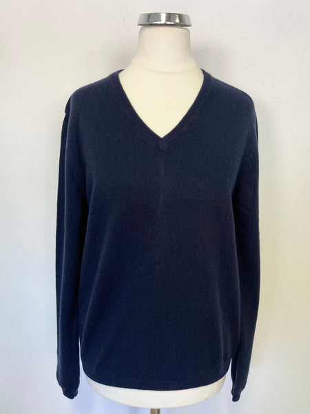 ISLE 100% CASHMERE NAVY BLUE V NECK LONG SLEEVED JUMPER SIZE M