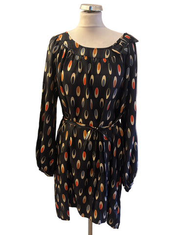 OLIVE AND ORANGE BY ORLA KEIRLEY SILK BLACK & MULTI PRINT TIE BELT DRESS SIZE 14
