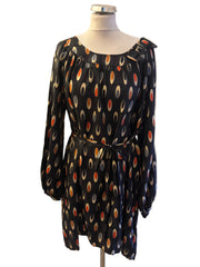 OLIVE AND ORANGE BY ORLA KEIRLEY SILK BLACK & MULTI PRINT TIE BELT DRESS SIZE 14