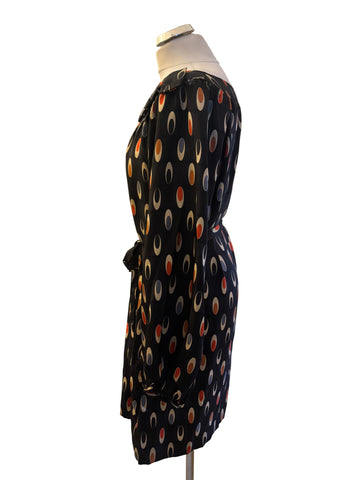 OLIVE AND ORANGE BY ORLA KEIRLEY SILK BLACK & MULTI PRINT TIE BELT DRESS SIZE 14