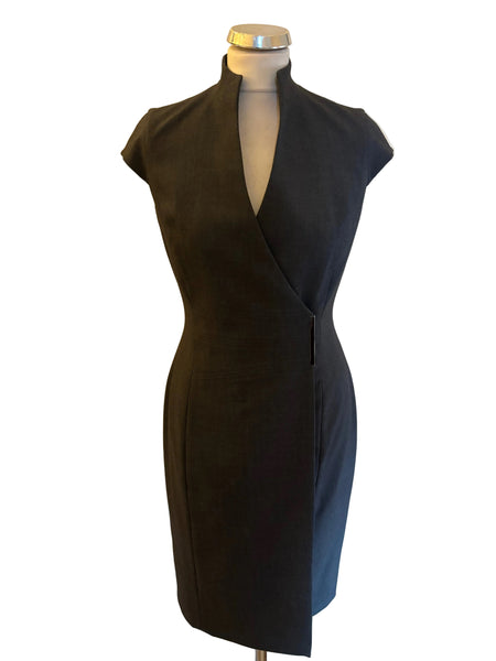 BRAND NEW CALVIN KLEIN DARK GREY CAP SLEEVE WRAP PENCIL DRESS SIZE 2 FIT UK 8