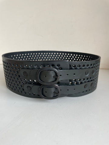 UNBRANDED DARK GREY LEATHER HOLE PUNCHED TWIN BUCKLE WIDE BELT SIZE 28- 30 IN