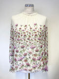 TED BAKER LUCEAL IVORY & PINK THISTLE PRINT LONG SLEEVED TOP SIZE 3 UK 12/14