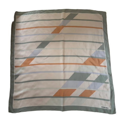 VINTAGE RODIER PARIS 100% SILK CREAM, GREEN, BLUE & APRICOT MIX SQUARE SCARF