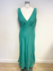 HUSH GREEN & BLACK SPOT V NECKLINE SLEEVELESS MIDI DRESS SIZE 10