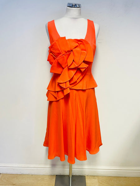 KAREN MILLEN SILK BLEND ORANGE PLEATED FRILL BODICE SPECIAL OCCASION DRESS SIZE 12