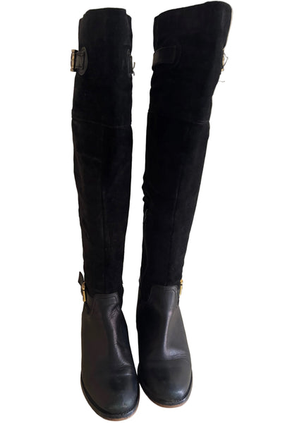 CARVELA BLACK SUEDE & LEATHER BUCKLE TRIM KNEE HIGH BOOTS SIZE 4/37