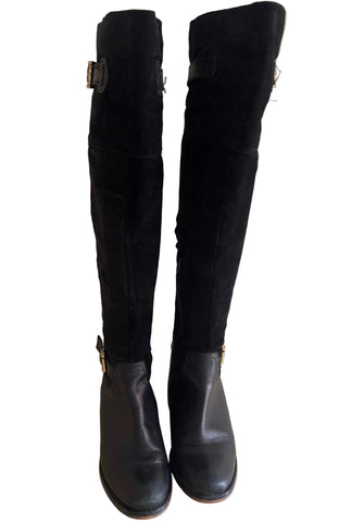 CARVELA BLACK SUEDE & LEATHER BUCKLE TRIM KNEE HIGH BOOTS SIZE 4/37