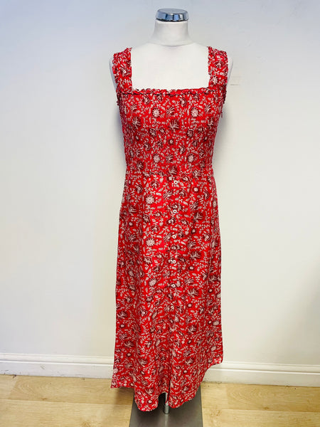 BRORA RED FLORAL PRINT COTTON & SILK SLEEVELESS MIDI LENGTH SUN DRESS SIZE 10