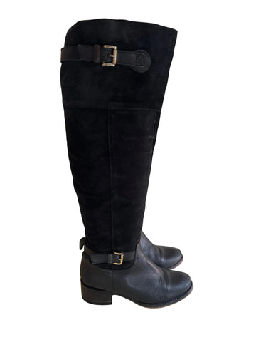 CARVELA BLACK SUEDE & LEATHER BUCKLE TRIM KNEE HIGH BOOTS SIZE 4/37