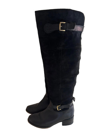 CARVELA BLACK SUEDE & LEATHER BUCKLE TRIM KNEE HIGH BOOTS SIZE 4/37