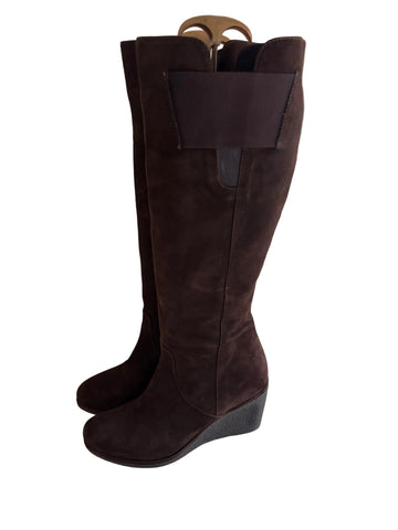 VANILLA MOON DARK BROWN SUEDE KNEE LENGTH WEDGE HEEL BOOTS SIZE 7/40