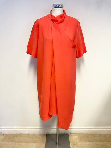 COS CORAL SHORT SLEEVE PLEATED NECKLINE DRAPE FRONT SHIFT DRESS SIZE 44 UK 16