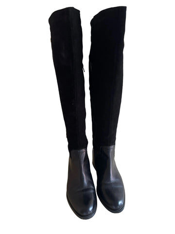 DANIEL BLACK SUEDE & LEATHER GOLD METAL STRAP TRIM KNEE LENGTH BOOTS  SIZE 6/39