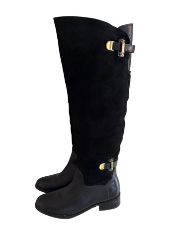 DANIEL BLACK SUEDE & LEATHER GOLD METAL STRAP TRIM KNEE LENGTH BOOTS  SIZE 6/39