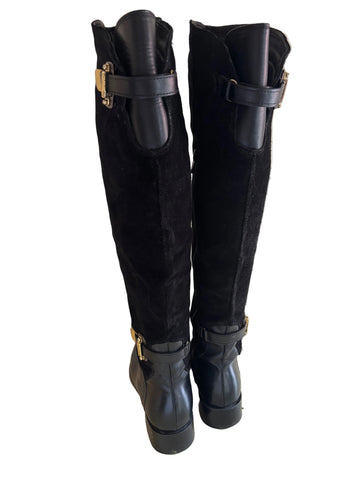 DANIEL BLACK SUEDE & LEATHER GOLD METAL STRAP TRIM KNEE LENGTH BOOTS  SIZE 6/39