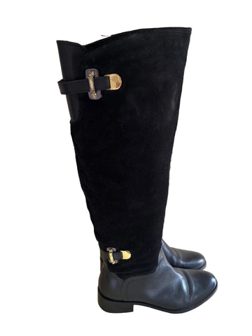 DANIEL BLACK SUEDE & LEATHER GOLD METAL STRAP TRIM KNEE LENGTH BOOTS  SIZE 6/39