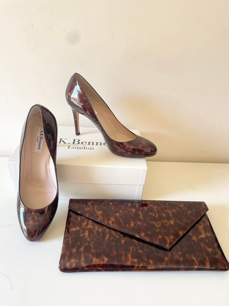 LK BENNETT STILA TORTOISE SHELL PATENT LEATHER HEELS AND MATCHING CLUTCH BAG SIZE 6/39