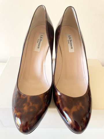 LK BENNETT STILA TORTOISE SHELL PATENT LEATHER HEELS AND MATCHING CLUTCH BAG SIZE 6/39