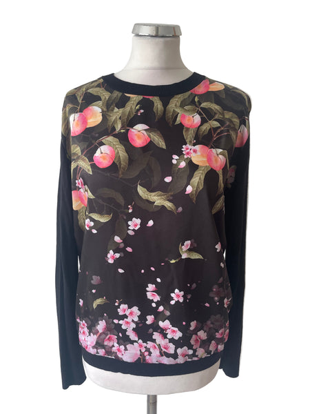 TED BAKER ANTHYA PEACH BLOSSOM PRINT FRONT BLACK JUMPER SIZE 3 UK 12/14