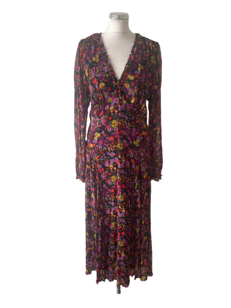 JIGSAW MULTI COLOURED FLORAL PRINT LONG SLEEVED MAXI DRESS SIZE 14