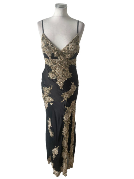 SARA BERNSHAW BLISS 100% SILK BLACK & GOLD LACE & BEAD TRIMMED LONG EVENING DRESS SIZE 10/12