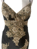 SARA BERNSHAW BLISS 100% SILK BLACK & GOLD LACE & BEAD TRIMMED LONG EVENING DRESS SIZE 10/12