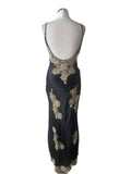 SARA BERNSHAW BLISS 100% SILK BLACK & GOLD LACE & BEAD TRIMMED LONG EVENING DRESS SIZE 10/12