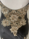 SARA BERNSHAW BLISS 100% SILK BLACK & GOLD LACE & BEAD TRIMMED LONG EVENING DRESS SIZE 10/12