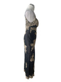 SARA BERNSHAW BLISS 100% SILK BLACK & GOLD LACE & BEAD TRIMMED LONG EVENING DRESS SIZE 10/12