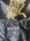 SARA BERNSHAW BLISS 100% SILK BLACK & GOLD LACE & BEAD TRIMMED LONG EVENING DRESS SIZE 10/12