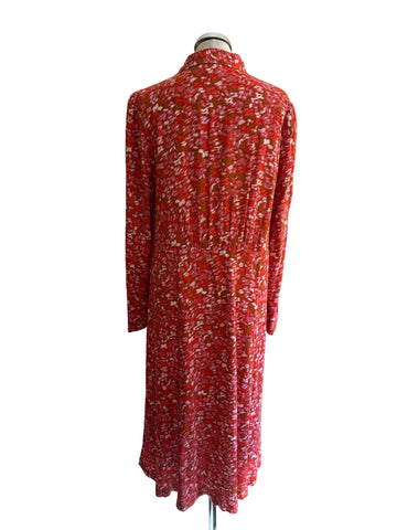 ICHI CORAL & TAN & PRINT BUTTON UP LONG SLEEVED MIDI DRESS SIZE 40 UK 12