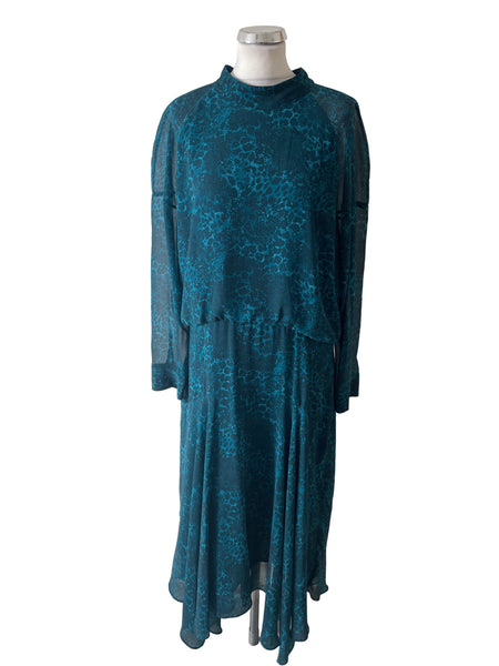 WHISTLES PEACOCK BLUE PRINT LONG SLEEVED MIDI DRESS  SIZE 18