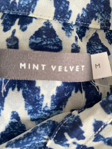 MINT VELVET BLUE & WHITE PRINT SHORT SLEEVE BLOUSE  SIZE M