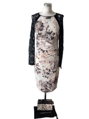KAREN MILLEN FLORAL PRINT & BLACK LACE PENCIL DRESS & MATCHING CLUTCH BAG SIZE 14