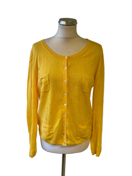 MASIMMO DUTTI 100% LINEN YELLOW SCOOP NECK CARDIGAN SIZE M
