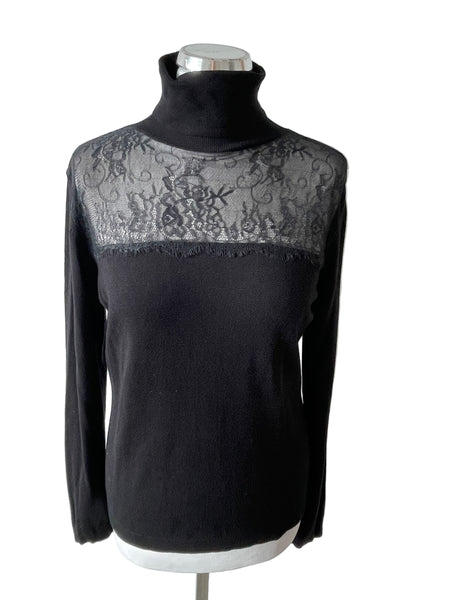 COAST BLACK POLO NECK LACE FRONT JUMPER SIZE M