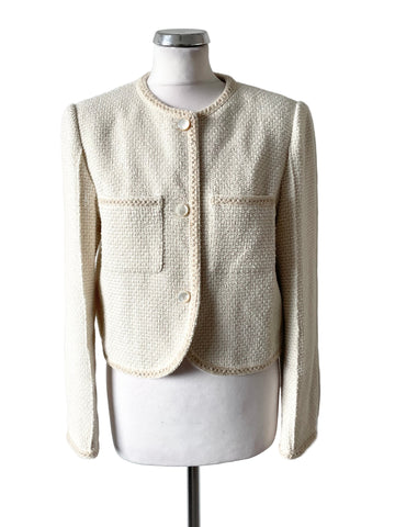 GOELIA IVORY & GOLD METALLIC COLLARLESS SHORT JACKET SIZE 10