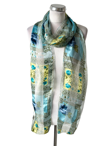 MULBERRY 100% SILK TURQUOISE MIX FLORAL PRINT SCARF