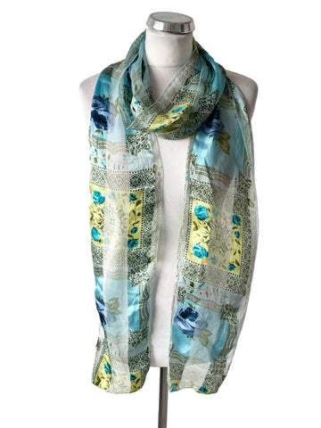 MULBERRY 100% SILK TURQUOISE MIX FLORAL PRINT SCARF