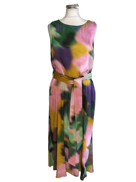 JAEGER MULTI COLOURED PRINT SLEEVELESS BELTED FIT & FLARE MIDI DRESS SIZE 14